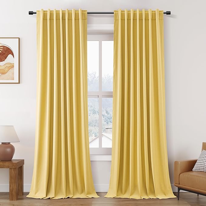 Full Black Out Gold Yellow Window Curtains 96 Inches Long Back Tab Rod Pocket Heat Reducing Noise Cancelling Total Sun Blocking 2 Panels Set for Sliding Door Boho Farmhouse Curtains Drapes 52x96