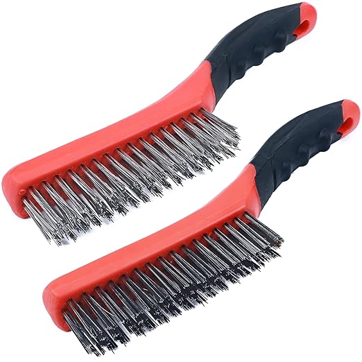 TAKAVU Heavy Duty Wire Brush Set 2pcs, Carbon Steel and Stainless Steel Wire Scratch Brush with 10" Curved Plastic Handle for Cleaning Rust, Paint, Welding