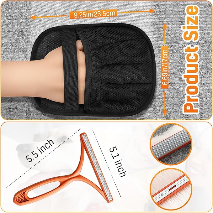 3 pcs Pet Hair Removal Glove for Dogs and Cats (2 Pack Mit, 1 Lint Scraper) - Electrostatic Fur Remover, Five Finger Magic Brush Pet Hair Remover Tool for Laundry, Cloths, Car Mats, Sofa & Bedding