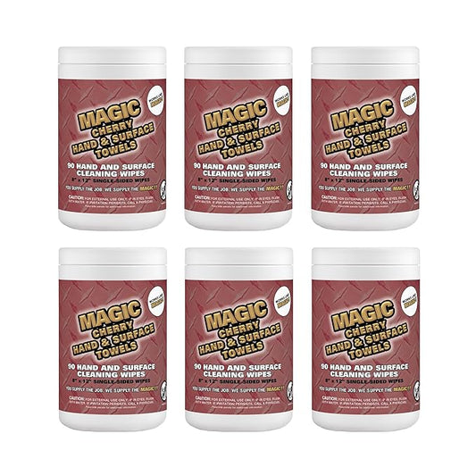 Magic Cherry Scented Heavy Duty Cleaning Wipes - Single Sided Hand & Surface Shop Towels | Professional-grade Cleaning | Waterless | Cleans Grease, Oil, Dirt, & more (6 Pack | 540 Sheets Total)