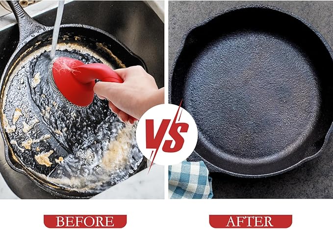 Cast Iron Cleaner Scrubber with Handle -3mm Welded Chain Mail Cast Iron Scrubber Brush-Chainmail Sponge Scrub Cleaning Tool to Clean Skillets, Pan,Griddle, Wok, Dutch Oven