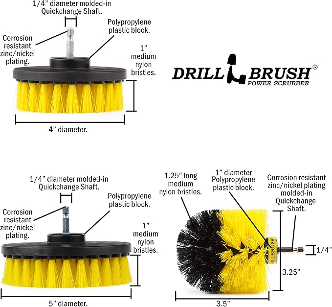 Drillbrush Ultimate Yellow Cleaning Tools - Drill Brush Attachment for Bathroom, Shower, Tub, Tile, Grout, Toilet, and Sink - Bathroom Scrubber Cordless Drill Attachment - Shower Detailing Brush Set