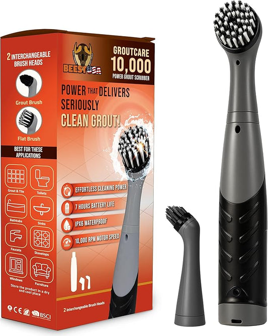 BEEST GroutCare 10000 Electric Spin Scrubber - Bathroom Cleaning Brush w/ 2 Replaceable Heads, IPX6 Waterproof - Cordless Electric Cleaning Brush Scrubber for Bathtub, Shower, Grout, Tile, Kitchen
