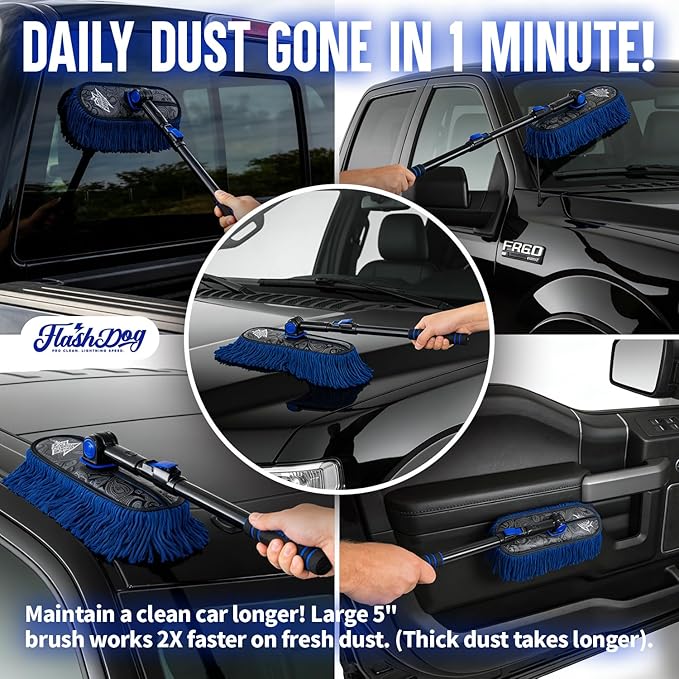 Flash Dog Car Duster Exterior & Interior Duster Aluminum Alloy Extendable Handle and Wax Cotton Strands Scratch-Free Cleaning for Cars, SUVs, RVs | Waterless Dust & Pollen Remover