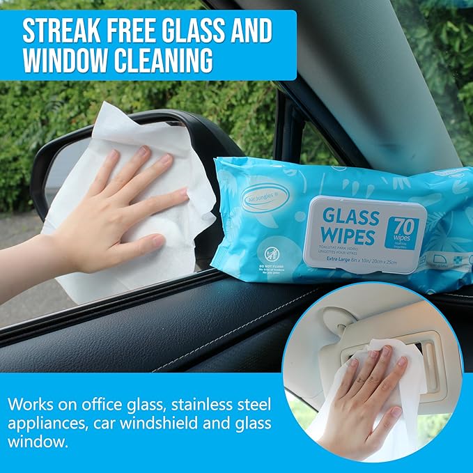 Air Jungles Glass and Window Cleaner Wipes 70 Count, Extra Large 8" x 10" Size Multi-Surface Glass Cleaning Wipes for Car Windshield, Headlight, Mirror, Tile, and Household Appliance