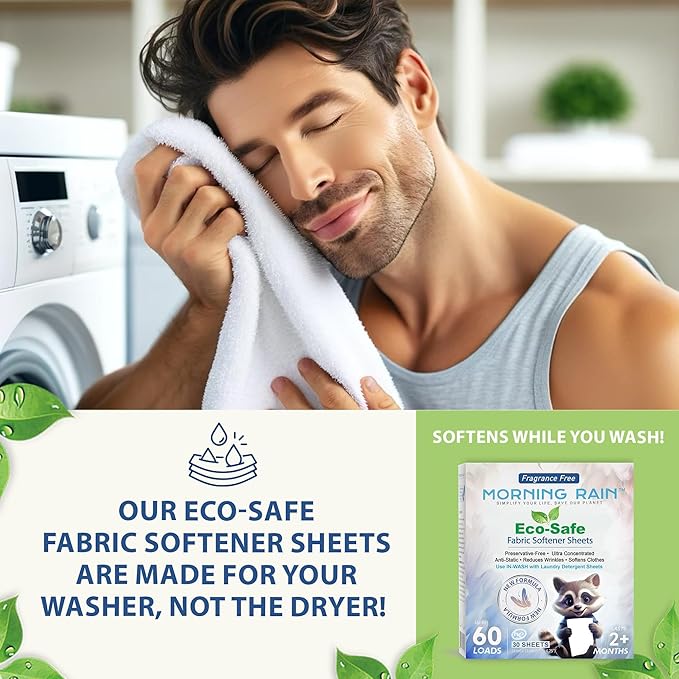 MorningRain Eco Fabric Softener Sheets for Washing Machine - Fragrance-Free, Preservative-Free, Ultra-Concentrated - 5 Sheets for Up to 10 Loads, Anti-Static, Reduces Wrinkles, Softens Clothes