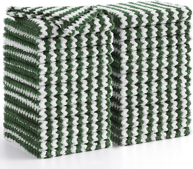 Homaxy 24 Pack Kitchen Dish Cloths, Ultra Soft and Absorbent Dish Towels, Reusable Fast Drying Microfiber Cleaning Cloth, Coral Velvet Wave Design No-lint, 10 x 10 inches, Grass Green
