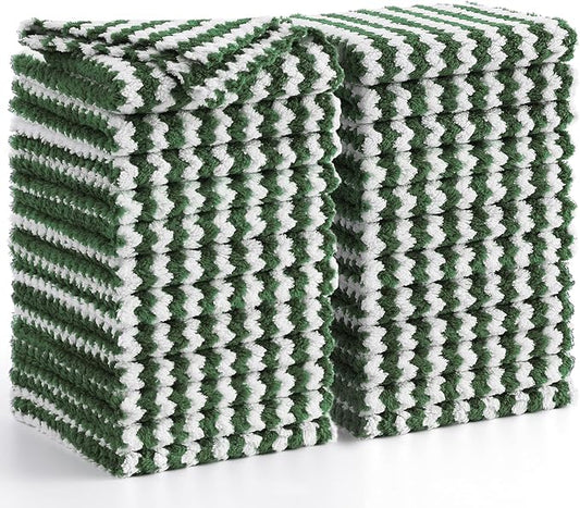Homaxy 24 Pack Kitchen Dish Cloths, Ultra Soft and Absorbent Dish Towels, Reusable Fast Drying Microfiber Cleaning Cloth, Coral Velvet Wave Design No-lint, 10 x 10 inches, Grass Green