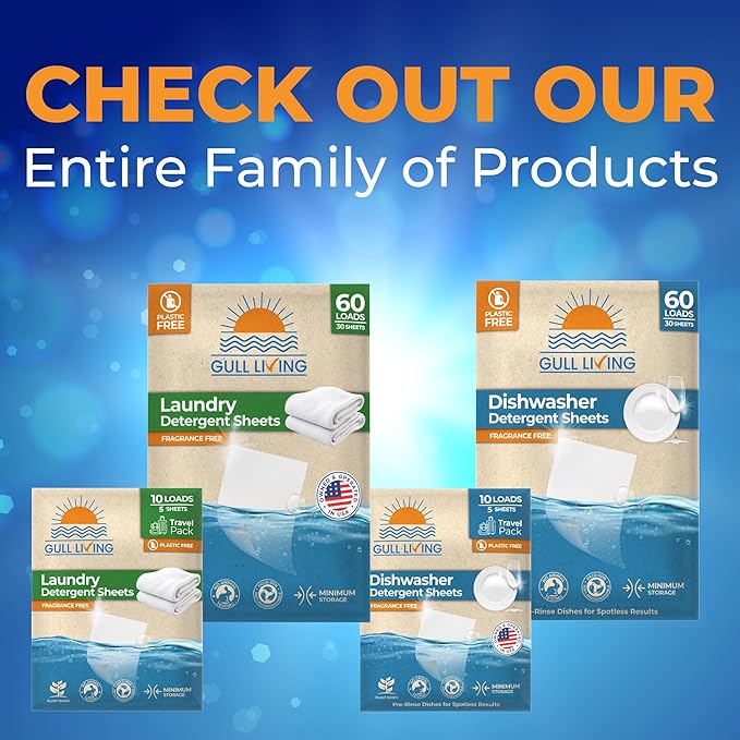 Gull Living Laundry Detergent Sheets For Travel - Eco-Friendly, Plant-Based Hypoallergenic Laundry detergent - Dissolves Quickly, Removes Stains & Odors - Laundry Soap Sheets - Fragrance Free 10 Loads