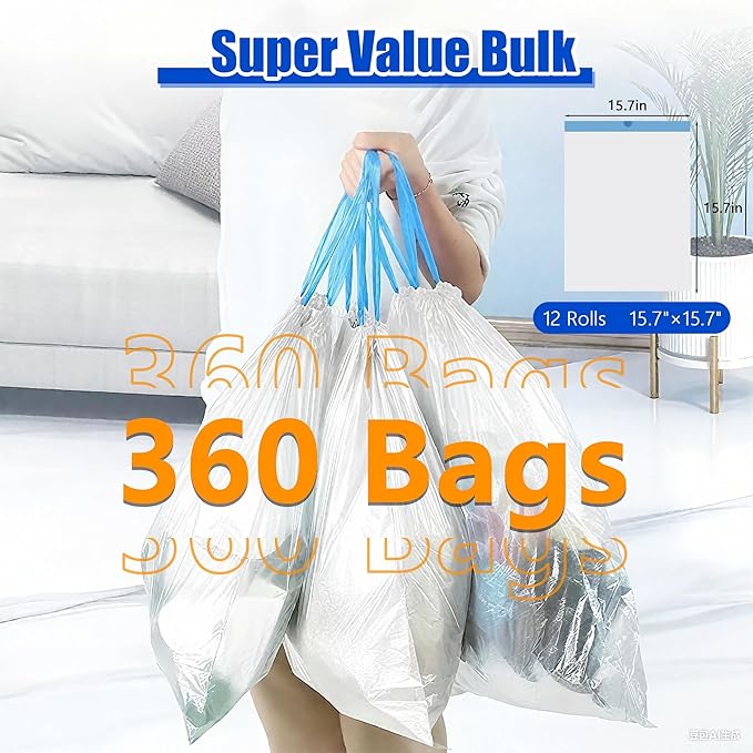 Small Trash Bags 1.6 Gallon, 360 Count -1.2 Mil Drawstring Mini Garbage Bags, White Plastic Trash Can Liners for Bathroom Accessories, 6 Liter, Bedroom, Dorm Room Essentials, Office