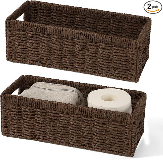 Paper Rope Wicker Baskets with Handles, 2 Pack Storage Basket, Rectangle Wicker Basket, Small Wicke Baskets for Organizing Shelves, Toilet Paper Storage Basket for Bathroom, Brown