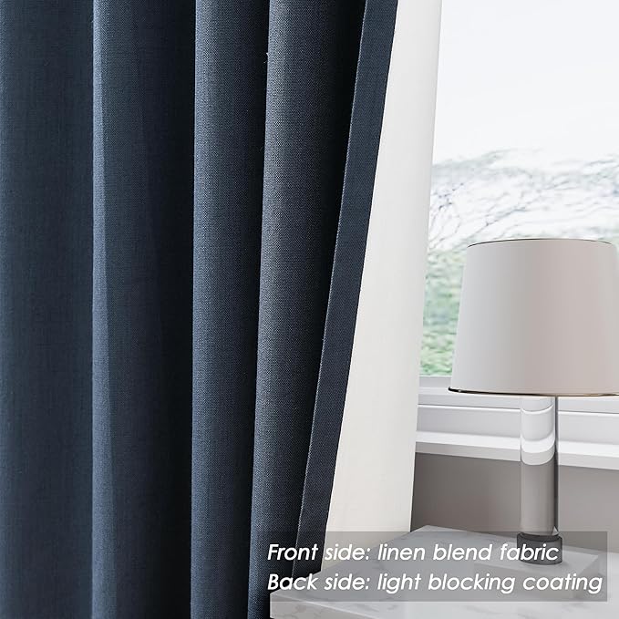 Full Black Out Vintage Blue Window Curtains Panels 102 Inches Long 2 Panels Set for Living Room Cotton Textured Long Blackout Curtain with Backing Thermal Insulated Drapes for Nursery Bedroom 52x102