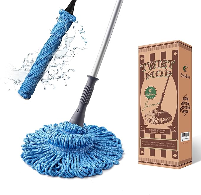Eyliden Mop with 2 Reusable Heads, Easy Wringing Twist Mop, with 57.5 inch Long Handle, Wet Mops for Floor Cleaning, Commercial Household Clean Hardwood, Vinyl, Tile, and More