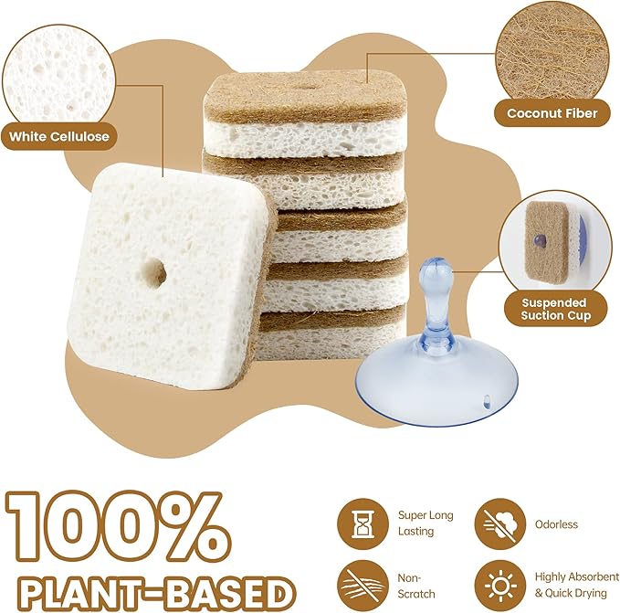 6pcs Scrub Sponges with Suction Cup Hook, Natural Kitchen Sponge, Biodegradable Compostable Cellulose and Coconut Non-Scratch Sponges, Cleaning Sponges for Dishes