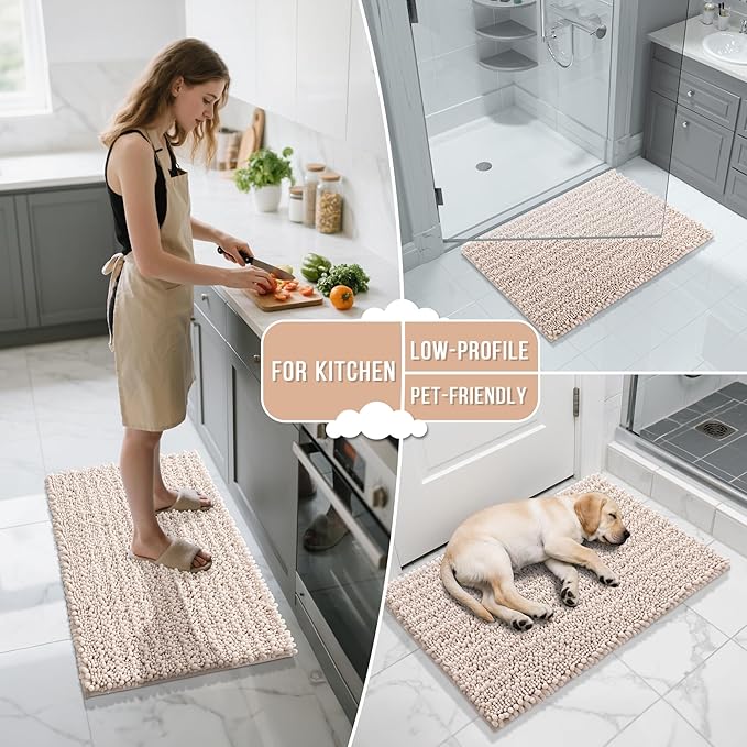 Yimobra Bathroom Rugs Non Slip Washable 24x17 Inch - Ultra Soft Absorbent Chenille Bath Mat, Quick Dry Shaggy Floor Carpet for Tub Shower, Pinkish Beige Home Decor Accessories