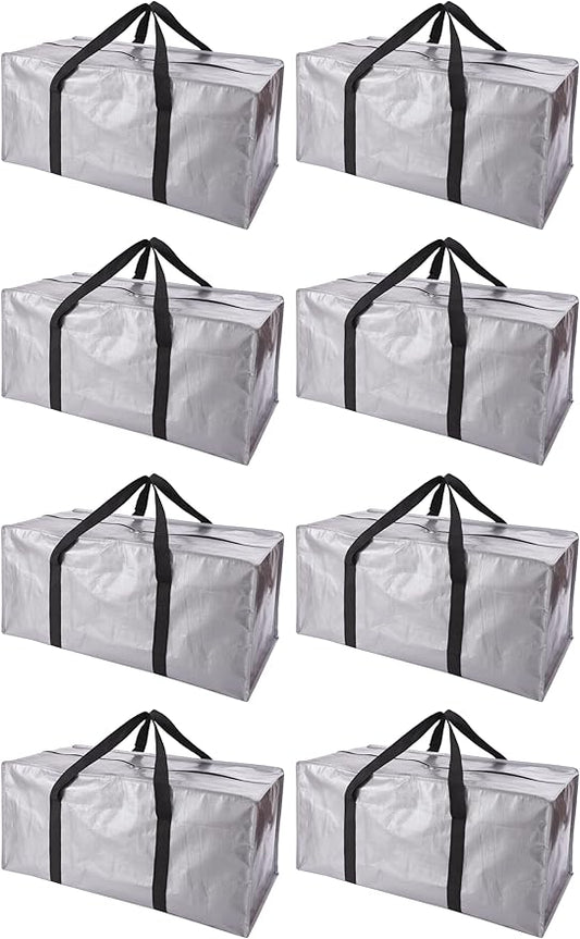 Extra Large Moving Bags with Zippers & Carrying Handles, Heavy-Duty Storage Tote for Space Saving Moving Storage, Fold Flat, Alternative to Box and Bin - 8 Pack, Silver