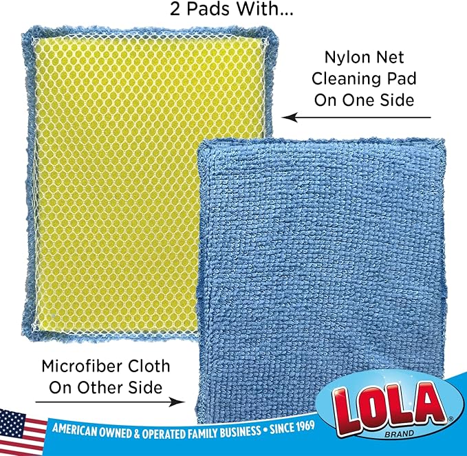 LOLA Microfiber & Nylon Net Sponges, 4 Pack, 2 Dual Sided Non Scratch Sponge Pads & 2 w/Microfiber Cloth One Side and Nylon Net Other Side