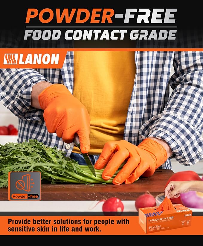 LANON 8mil Orange Disposable Nitrile Gloves, Mechanic, Heavy Duty, Food Safe, Latex Free, Powder Free, Fully-Diamond Textured, Medium