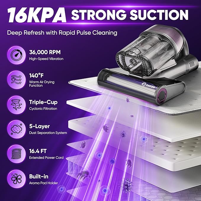Saker Mattress Vacuum Cleaner, Handheld Bed Vacuum with 16KPa Suction, UV-C Light, 140°F Heated Air, HEPA Filter, Aroma Function, 16.4FT Cord for Cleaning Bed, Sofa, and Couch