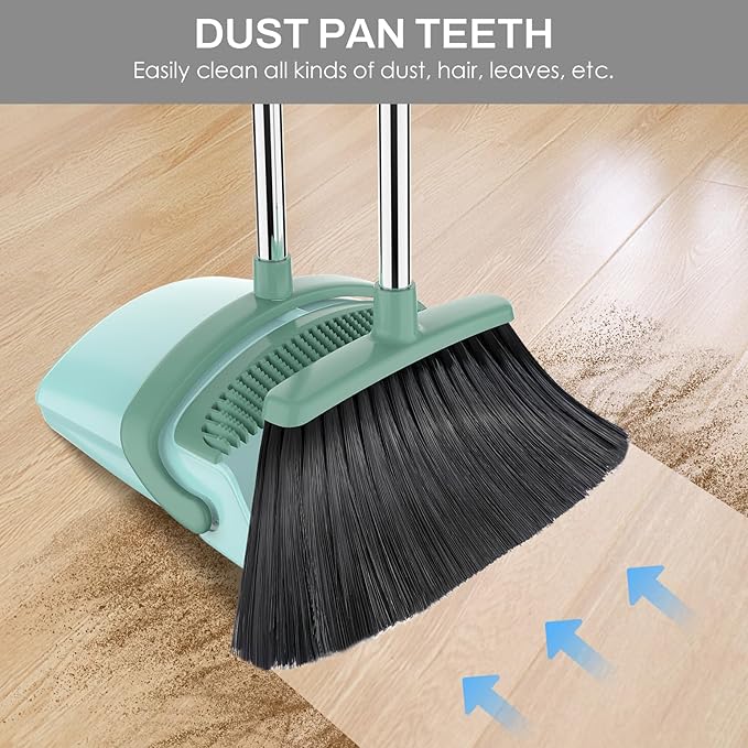 EZKEY Broom and Dustpan Set for Home, 51-in Long Adjustable Handle Angle Broom and Dustpan Combo Set with Dust Pan Teeth to Clean Hair for Home Kitchen Office Lobby Floor Garden, Green
