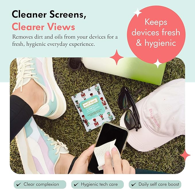 Well-Kept Tech & Lens Wipes - Eyeglass, Screen & Phone Cleaning, Multi-Surface, Lint-Free, Pre Moistened, Streak-Free & Non Scratching - Nutcracker, 6 Pack (90 Count)