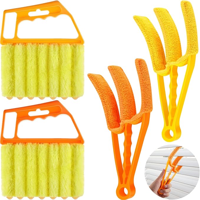 Romooa 4 Pcs Window Venetian Blind Cleaner Duster Tool 7 Finger Blind Rush and Shutter Cleaner Brush Hand-held Window Shutter Air Conditioner Duster for Dirt(Yellow, Orange)