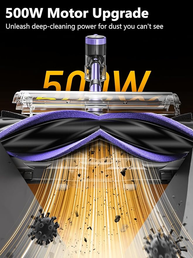 Cordless Vacuum Cleaner, 46KPa/500W Stick Vacuum with 55 Mins Runtime, Self-Standing Vacuum Cleaner for Home, LED Display, Anti-Tangle Brush, Rechargeable Vacuum for Hardwood Floor, Pet Hai (Purple)