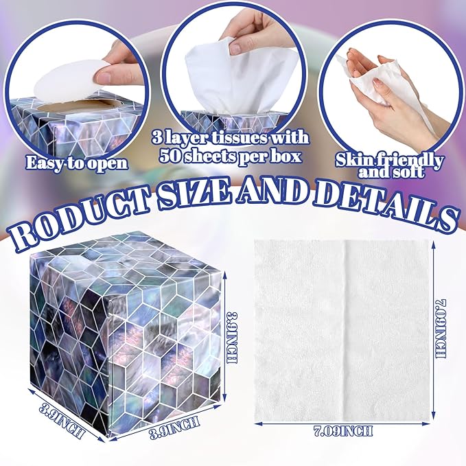 12 Pack Summer Mother of Pearl Facial Tissues Cube Face Boxes 600 Sheets 3 Ply Small Pearl Shell Square Tissues Bulk for Summer Car Bedroom Supplies