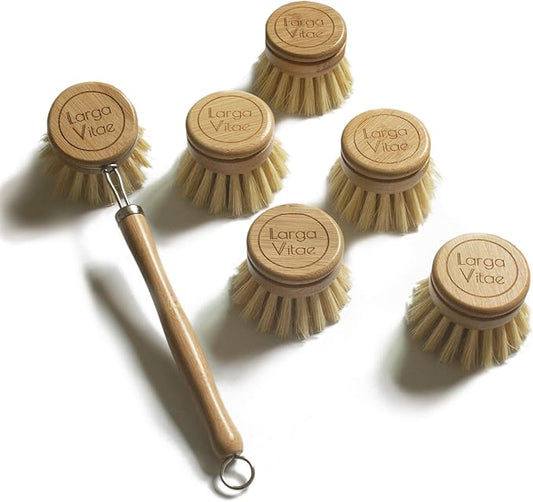 Larga Vitae Wooden Dish Brush Made of Renewable Bamboo Wood and Natural Bristle Tampico Fiber, includes 5 Replacement Brush Heads, Durable, Long Lasting, All Purpose Kitchen Scrubber