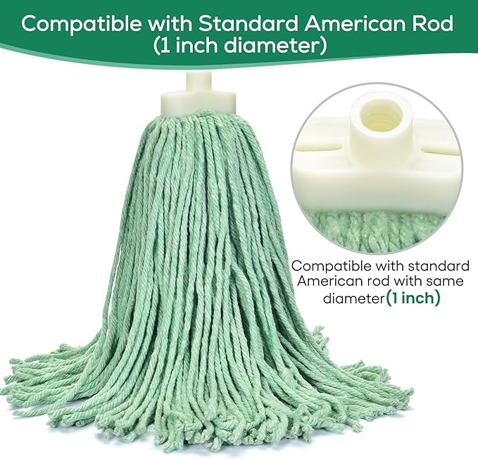 Matthew Cleaning Screw-on Heavy Duty Cotton Wet Mop Replacement Heads(Green, Medium,12 Pack) with 2 Pack Microfiber Cloth for Residential & Commercial Floor Cleaning Use- Fit Standard American Screw