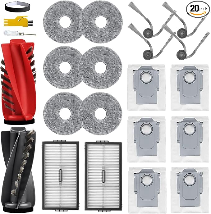 aoteng Saros 10R Accessories for roborock Saros 10R / Qrevo CurvX / G20S Ultra Robot Vacuum Cleaner 20 Packs 1 Main Brush, 2 Filters, 4 Side Brushes, 6 Mop Cloths, 6 Bags, 1 Bumper Stripe