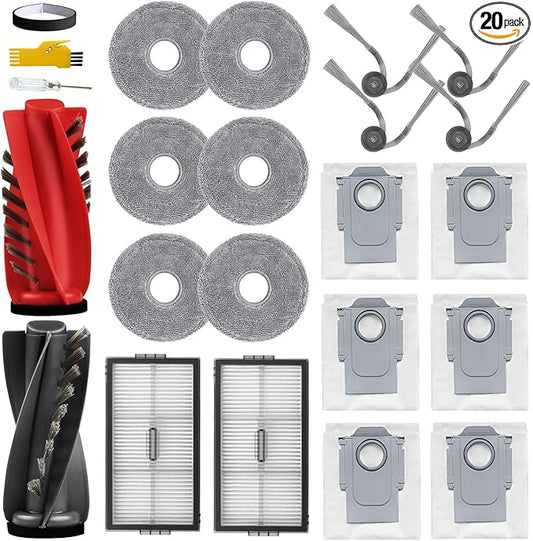 aoteng Saros 10R Accessories for roborock Saros 10R / Qrevo CurvX / G20S Ultra Robot Vacuum Cleaner 20 Packs 1 Main Brush, 2 Filters, 4 Side Brushes, 6 Mop Cloths, 6 Bags, 1 Bumper Stripe
