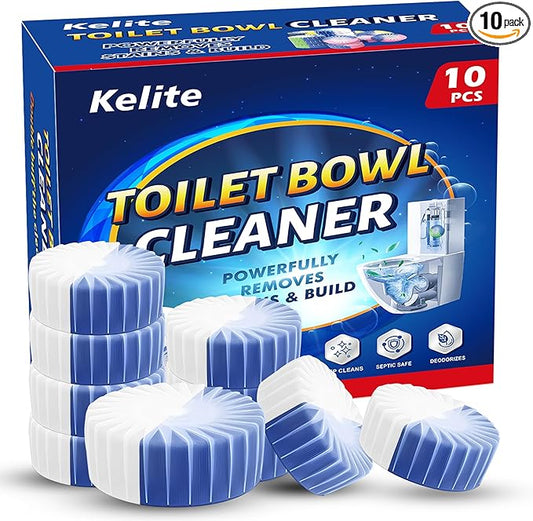 KELITE Automatic Toilet Bowl Cleaner Tablets, 10 Pack Long-Lasting Toilet Tank Cleaner for Bathroom, Blue Water Freshener, Prevents Stains & Odor, Safe for All Toilets (1, 10 Pack (White+Blue))
