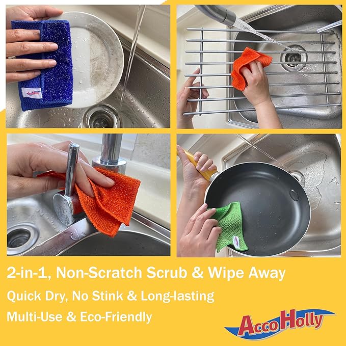 12 Pack Microfiber Scrub Dish Cleaning Cloth, Non-Scratch, Reusable & Durable for Pan Pot Dish Cooktop Stovetop Counter Kitchen Household, Machine Washable, 6 x 6 Inch, Orange, Blue & Green Assorted