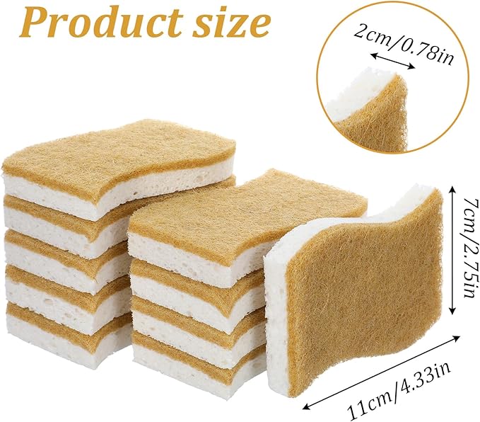 36PCS Natural Kitchen Sponge, Dual-Sided Sisal Fiber Cellulose Scrubber Sponge, Non-Scratch Household Scrub Sponges, Eco Multipurpose Cleaning Foam for Dishes Kitchen Bathroom Household