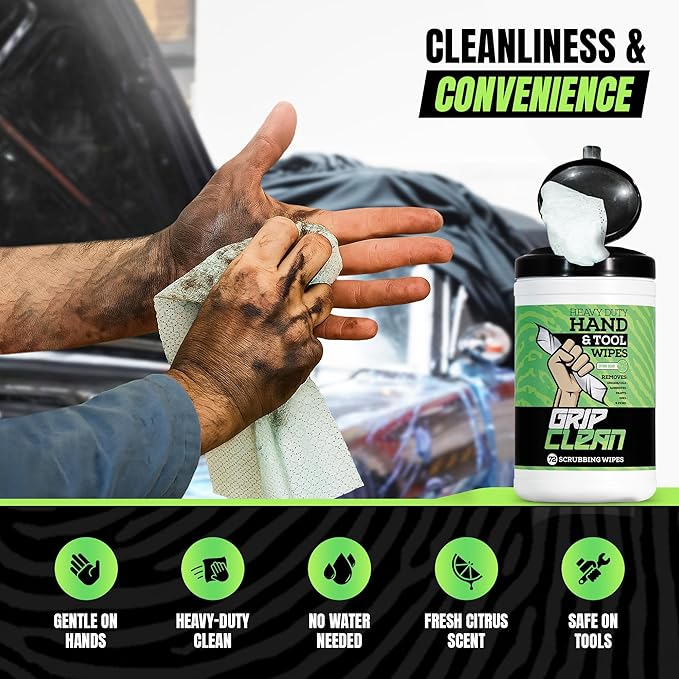 Grip Clean Heavy Duty Hand & Tool Cleaning Wipes – Waterless Hand Cleaner for Mechanics, Garage & Shop Use – Dual-Sided Grease, Oil & Paint Remover Wipes with Citrus Scent - 72ct