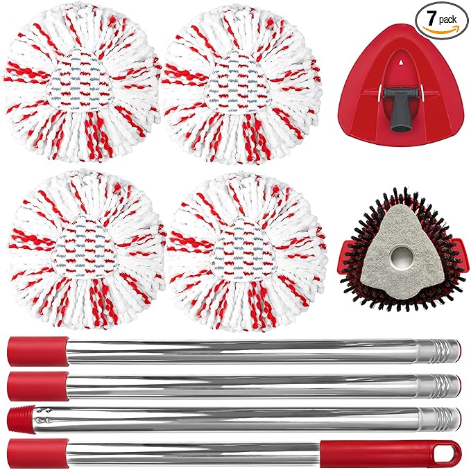 Spin Mop Replacements for O-Cedar EasyWring 1-Tank System: 4 Large Microfiber Mop Head Refills , Dual-Action Scrubber Brush, Adjustable Stainless Steel Handle, Durable Triangular Base