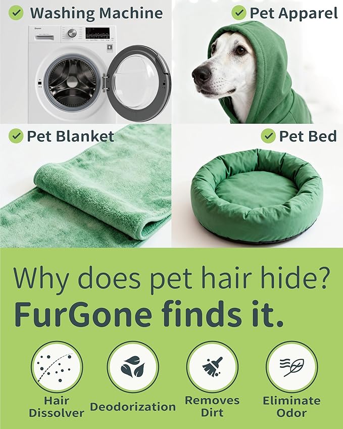 FURGONE by Seedshub Pet Hair Dissolver Washing Machine Cleaner Powder, 6 Months Supply, Dog Cat Fur, Stains & Odors Remover for Laundry, Pet-Friendly, Deep Cleaning for HE Top & Front Load, 6 Sachets