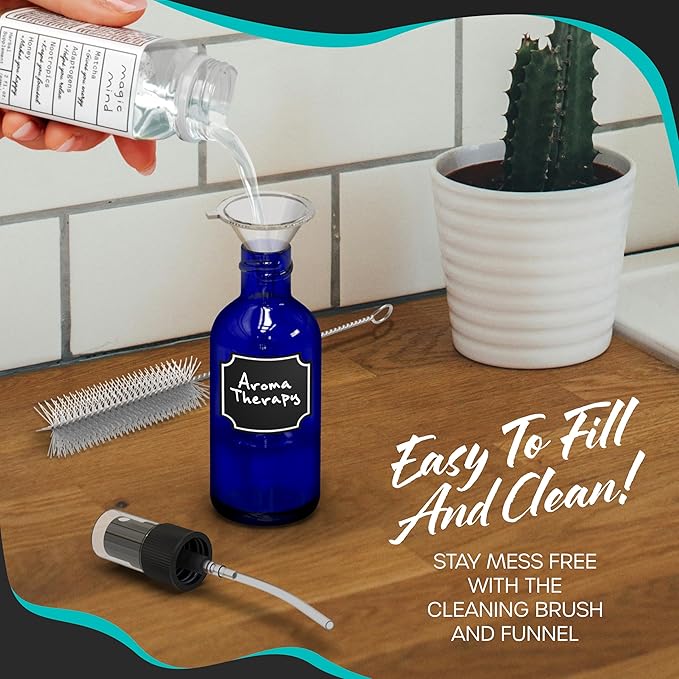 Nevlers 2 Oz Glass Spray Bottles Mist Sprayer 24 Pack | Cobalt Blue Glass Bottle Sprayer Set w/Shrink Wrap, Funnel, Brush, Marker, & Labels | Small Spray Bottles For Use as Hair Mister Spray Bottle