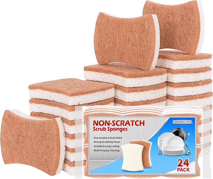 HOMERHYME Natural Dish Sponge 24 Pack, Non-Scratch Scrub Sponge, Eco Multipurpose Kitchen Sisal Fiber Cellulose Sponge, Odor-Less Dual-Sided for Dish Washing & Household Cleaning
