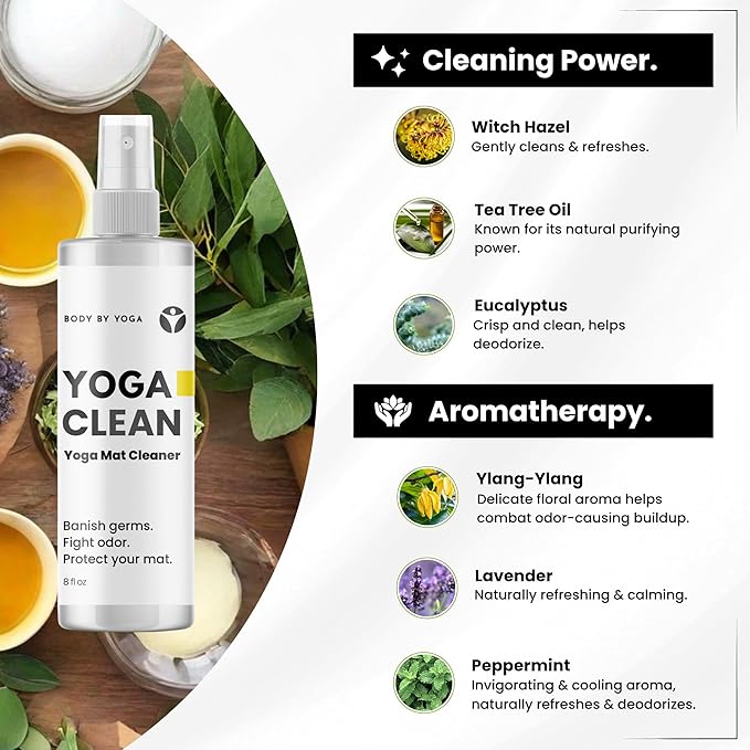 Yoga Clean - Premium Yoga Mat Cleaner Spray, Natural Plant-Based Deodorizer with Essential Oils | Refreshing Aromatherapy Scent | 8 oz Safe for Cork, Rubber & All Fabrics, Made in the USA