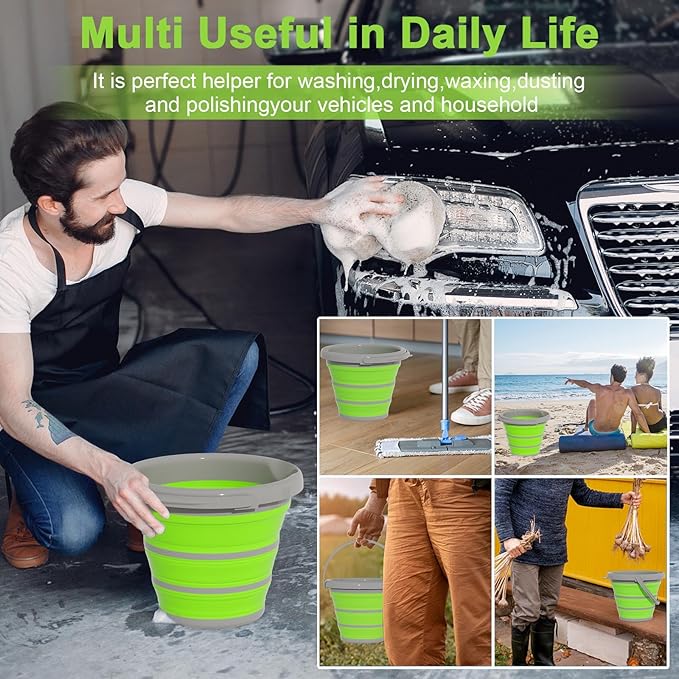 Collapsible Bucket with Handle - 10L (2.6 Gallon) Portable Water Bucket for Car Wash Household Cleaning,for Outdoor Garden Camping Fishing Car Wash Space Saving- Green