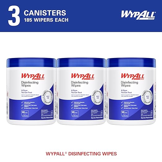 WypAll Disinfecting Wipes (54481), with Hydrogen Peroxide Disinfectant Cleaner for Commercial, Industrial & Healthcare, 5.75 x 7 inch Sheets, Fresh Scent (3 Canisters of 185 Sheets)