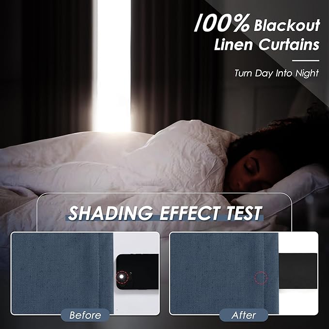 Denim Blue 108 Inches Long 2 Panel Set Linen Blackout Curtains Back Tab Pocket Cotton Texture Room Darkening Thermal Insulated Sound Proof Curtains for Bedroom Cottage High Windows 52x108