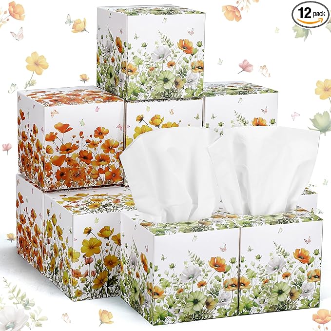 12 Pack Fall Flower Floral Facial Tissues Cube Boxes 600 Sheets 3 Ply Small Wildflower Face Tissues Bulk for Autumn Christmas Car Bedroom Supplies