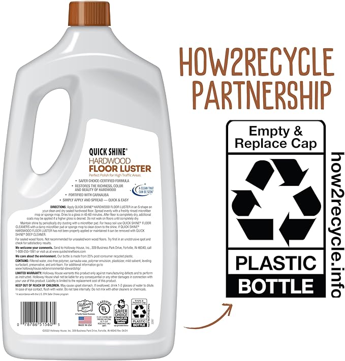 Quick Shine Hardwood Floor Luster-Polish 64oz-2pk Plant-Derived w/Carnauba Safer Choice, No PFAS, pH Neutral Ready to Use Formula w/Anti-Slip Technology Simply Squirt & Spread Made in USA