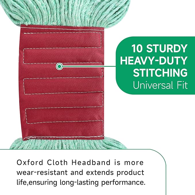 ONESIMUS 30 oz Pack of 12 Cleaning Heavy Duty Industrial Commercial Grade Looped-End Mop Head Replacement,6'' Headband Cotton String Wet Mop Head Refills,Machine Washable Green Mop