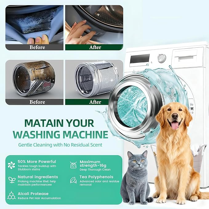 SOPAMI Washing Machine Cleaner Tablets 24-Pack (12 Month Supply) for HE/Top/Front Load Washers - Removes Stubborn Pet Hair, Odors, Mold & Residue, Septic Safe & Fragrance Free