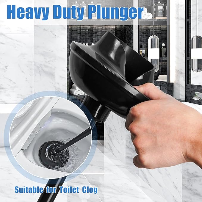 JEHONN Toilet Plunger and Brush Set Black with Holder and Hidden Tweezers, Heavy Duty Bathroom Bowl Scrubber Cleaning Kit for Bathtub Sink Wash Basin