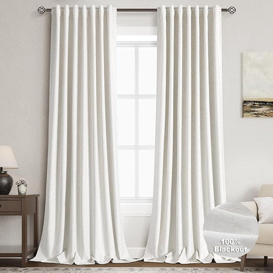 Natural Linen 100% Black Out Curtains 108 Inches Long 2 Panels Set for Bedroom Cream Ivory Pinch Pleated Thermal Insulated Energy Efficient Curtains Living Room High Ceiling Length 9 FT Feet